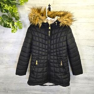 DKNY Sport Black Quilted Kids Jacket with Faux Fur Hood